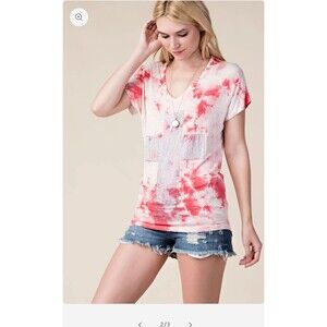 VOCAL Pink Tie Dye Studded Cross V Neck Short Sleeve Ed Hardy Style Med USA Made